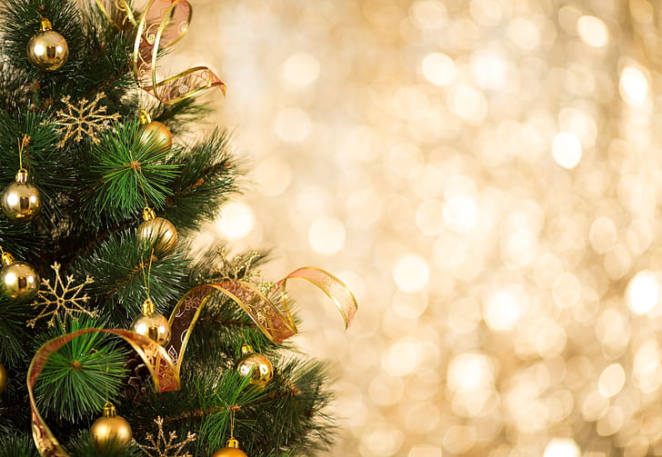 dekoracja, kulki, drzewko, Nowy Rok, Boże Narodzenie, złote, szczęśliwe, Wesołych Świąt, Boże Narodzenie, choinka, uroczystość świąteczna, Tapety HD