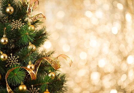  decoration, balls, tree, New Year, Christmas, golden, happy, Merry Christmas, Xmas, christmas tree, holiday celebration, HD wallpaper HD wallpaper