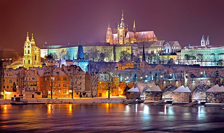 Cities, Prague, City, Czech Republic, Night, River, HD wallpaper