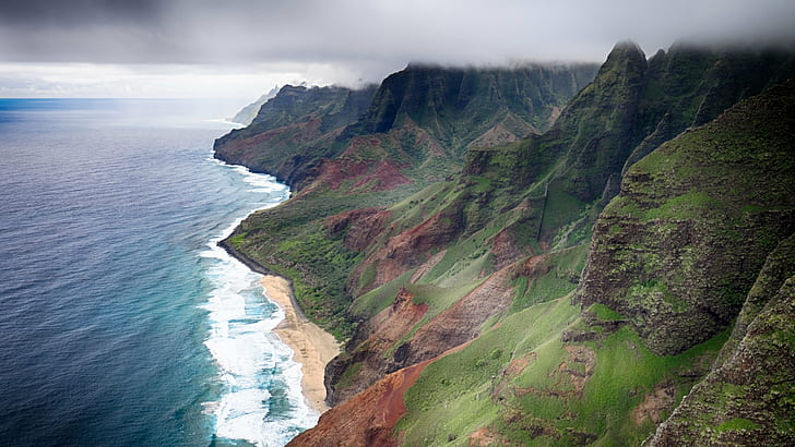 Vista aerea della collina di montagna in riva al mare, Na Pali Coast, vista aerea, montagna, collina, spiaggia, Waimea Hawaii, Stati Uniti, scogliera, mare, natura, costa, paesaggi, paesaggi, Oceano Atlantico, roccia - Oggetto, Sfondo HD