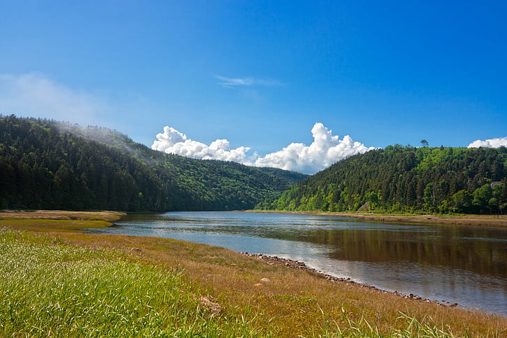 green mountain beside body of water under blue sky, HDR, green mountain, body of water, blue sky, fundy  national  park, new  brunswick, canada, canadian, landscape, nature, hill, hills, mountain, tree, green  blue, cyan, white, black  cloud, clouds, scene, scenic, water, grass  river, stock  image, photo, picture, resource, land, scape, photograph, high  dynamic  range, composite, nb, travel, tourism, lake, forest, outdoors, scenics, sky, summer, blue, river, reflection, HD wallpaper