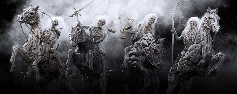 обои Скелетон верхом на лошадях, Темный, Четыре всадника Апокалипсиса, Армагеддон, Оккультизм, HD обои HD wallpaper
