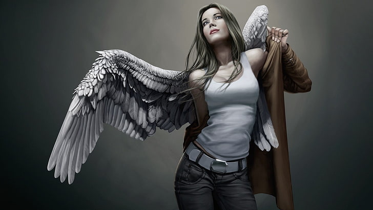 ángel en camiseta blanca con abrigo marrón, arte de fantasía, mujeres, obras de arte, ángel, Fondo de pantalla HD