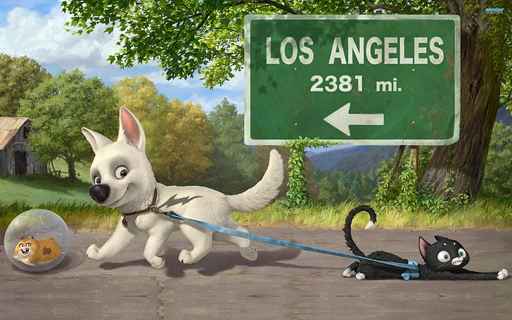 Disney Bolt and Mitten movie still screenshot, cat, cartoon, ball, dog, hamster, volt, HD wallpaper