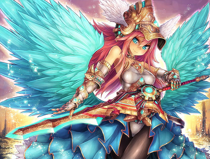 armor, blue, eyes, hair, original, pantyhose, pink, ros, sword, weapon, wings, HD wallpaper