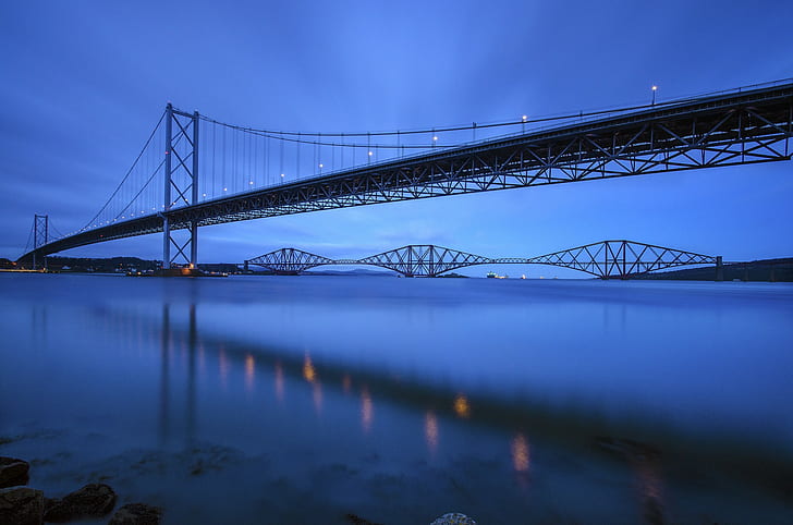 บริเตนใหญ่สกอตแลนด์ Forth Bridge บริเตนใหญ่สกอตแลนด์ Forth Bridge แม่น้ำสหราชอาณาจักรสะพาน Forth สะพานกลางคืนสีฟ้าท้องฟ้า, วอลล์เปเปอร์ HD