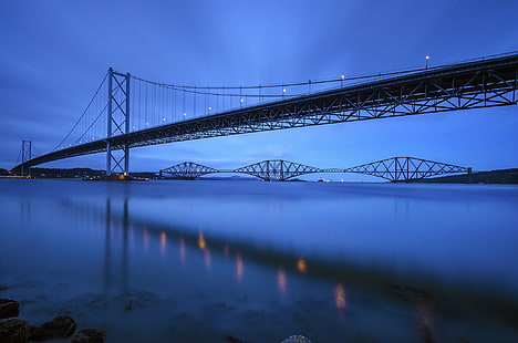 Great Britain, Scotland, Forth Bridge, Great Britain, Scotland, Forth Bridge, river, United Kingdom, the Forth Bridge, bridge, Night, blue, sky, HD wallpaper HD wallpaper