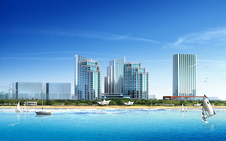 бял и кафяв бетон висока сграда, плаж, HD тапет