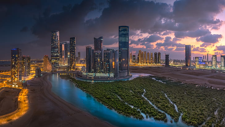 Städte, Abu Dhabi, Gebäude, Stadt, Nacht, Wolkenkratzer, Vereinigte Arabische Emirate, HD-Hintergrundbild