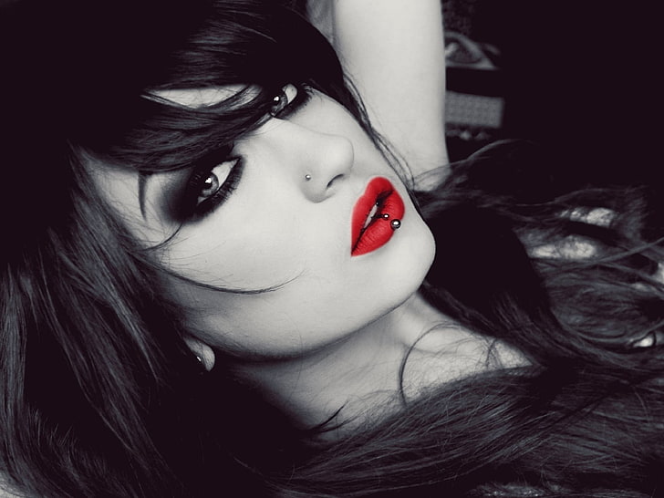 red lipstick, selective coloring, women, Niky Von Macabre, face, pierced lip, model, portrait, lolina green, BloodViktoria, HD wallpaper