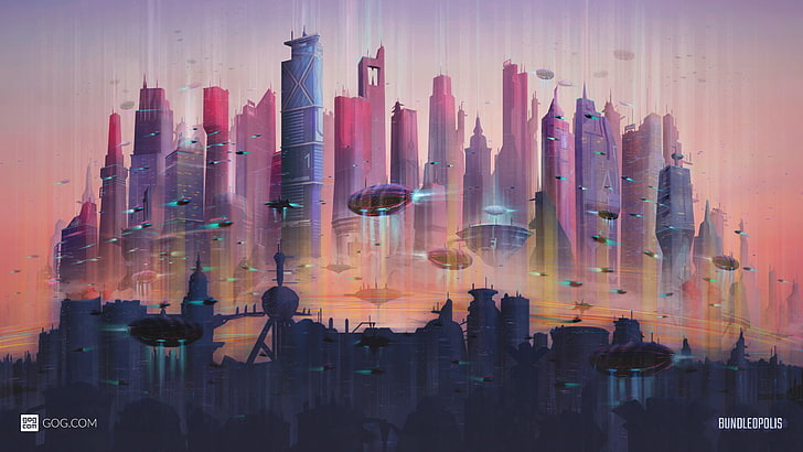 високи сгради и космически кораб цифрови тапети, GOG.com, футуристичен, градски пейзаж, HD тапет