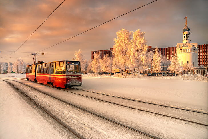зима, Санкт Петербург, град, трамвай, църква, православен, сняг, вечер, Русия, HD тапет