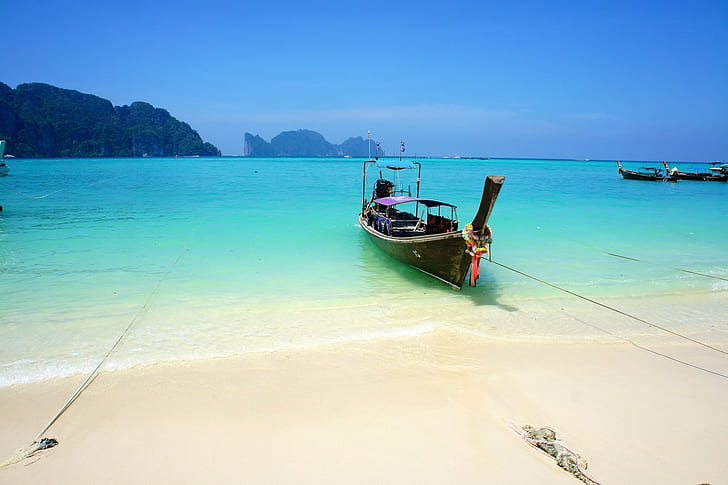 природа пейзаж плаж лодка море тропически пясък остров тюркоазена вода Таиланд, HD тапет