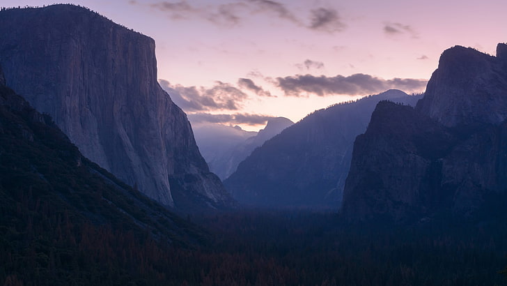 czarna dolina, krajobraz, zachód słońca, góry, las, Park Narodowy Yosemite, Tapety HD