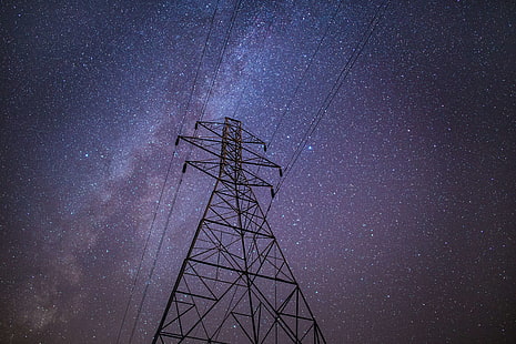 electrical tower, electricity, energy, high voltage, night, power, power lines, power pole, sky, stars, upper lines, utility pole, royalty  images, HD wallpaper HD wallpaper