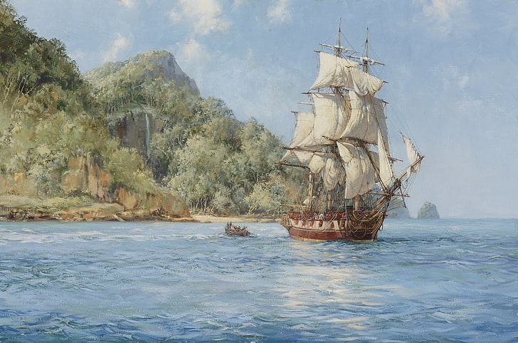nave marrone e bianca vicino alberi pittura, mare, barca, nave, isola, barca a vela, Montague Dawson, Sfondo HD