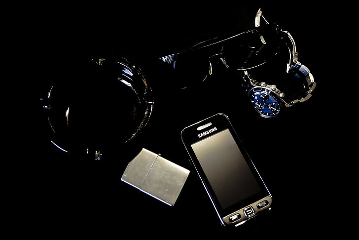 smartphone Android Samsung hitam dan abu-abu, arloji, Zippo, korek api, kacamata, telepon, asbak, Samsung, Swatch, Wallpaper HD