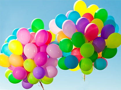 lotto di palloncini a colori assortiti, palline, palloncini, colorato, felice, cielo, Sfondo HD HD wallpaper