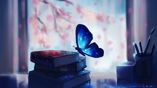 Бабочка, книги, магия, искусство, HD обои HD wallpaper