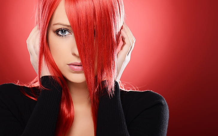 赤い髪の少女、目、顔、手、ファッション、赤い髪染め、赤、髪、少女、目、顔、手、ファッション、 HDデスクトップの壁紙