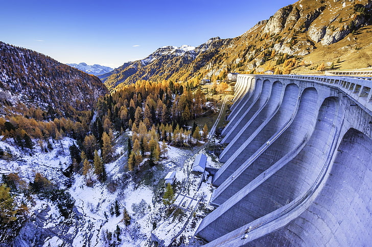 灰色のコンクリートダム、イタリア、南チロル、自然、風景、冬、山、雪、ダム湖フェダイア、 HDデスクトップの壁紙