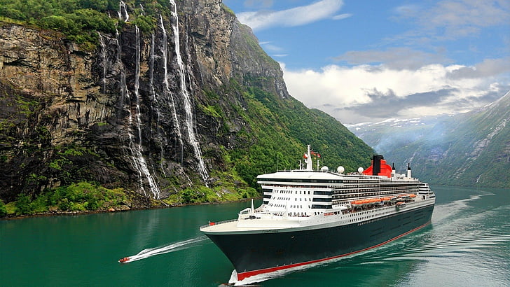 Pojazdy, RMS Queen Mary 2, statek wycieczkowy, fiord, góry, Norwegia, statek, pojazd, wodospad, Tapety HD