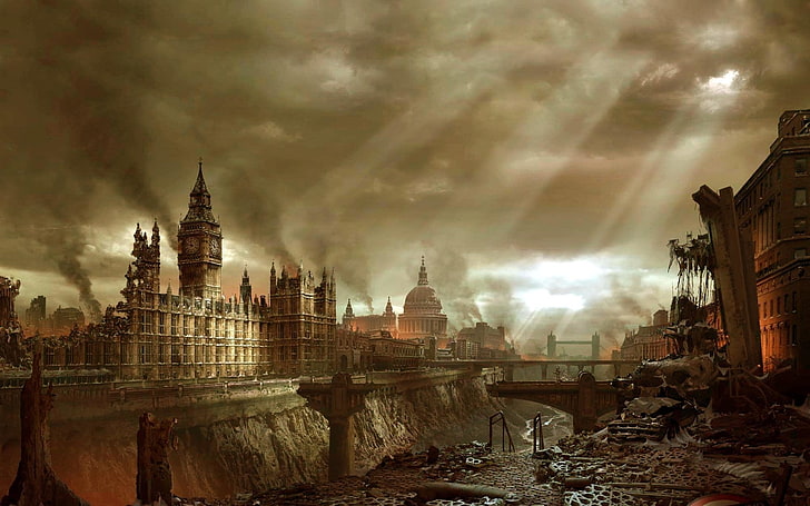 brun förstörd stad, Sci Fi, postapokalyptisk, apokalyptisk, Hellgate London, HD tapet