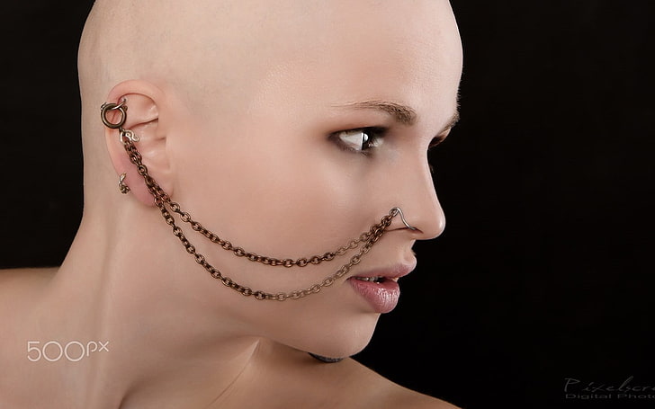 Jens Dahler, piercing, chains, women, 500px, portrait, model, bald head, HD wallpaper