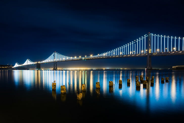 Висящ мост от Сан Франциско до Оукланд, Калифорния, Сан Франциско, Бей Бридж, Нощ, светлини, HD тапет