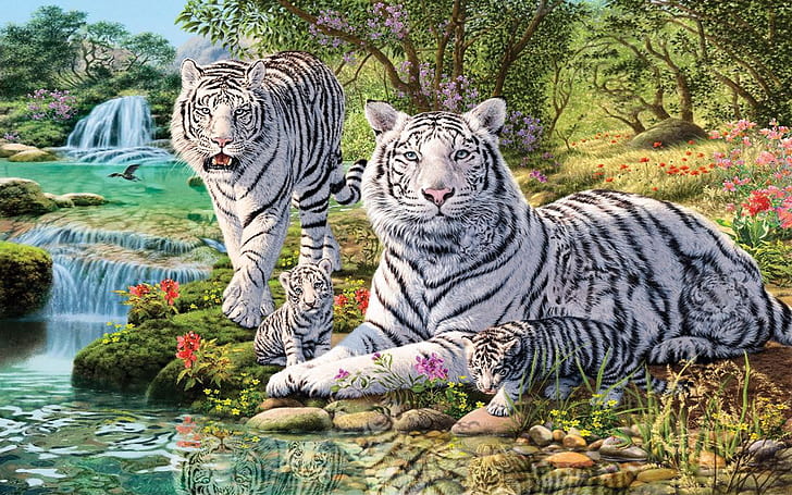 Animali White Tiger e Two Cubs Jungle Waterfall Art Desktop Hd Wallpaper per telefoni cellulari 1920 × 1200, Sfondo HD