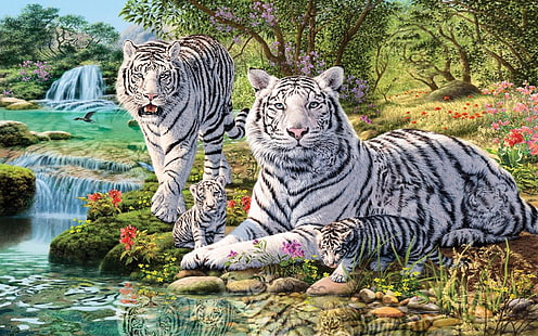 Animals White Tiger And Two Cubs Jungle Waterfall Art Desktop Hd Wallpaper For Mobile Phones 1920×1200, HD wallpaper HD wallpaper