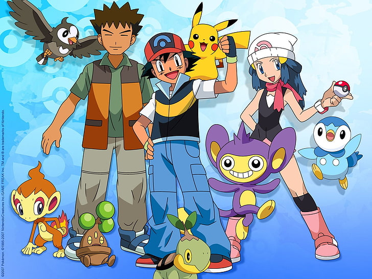 Pokémon, Aipom (Pokemon), Ash (Pokémon), Bonsly (Pokémon), Brock (Pokémon), Chimchar (Pokémon), Dawn (Pokémon), Pikachu, Piplup (Pokémon), Starly (Pokémon), Turtwig (Pokémon), วอลล์เปเปอร์ HD