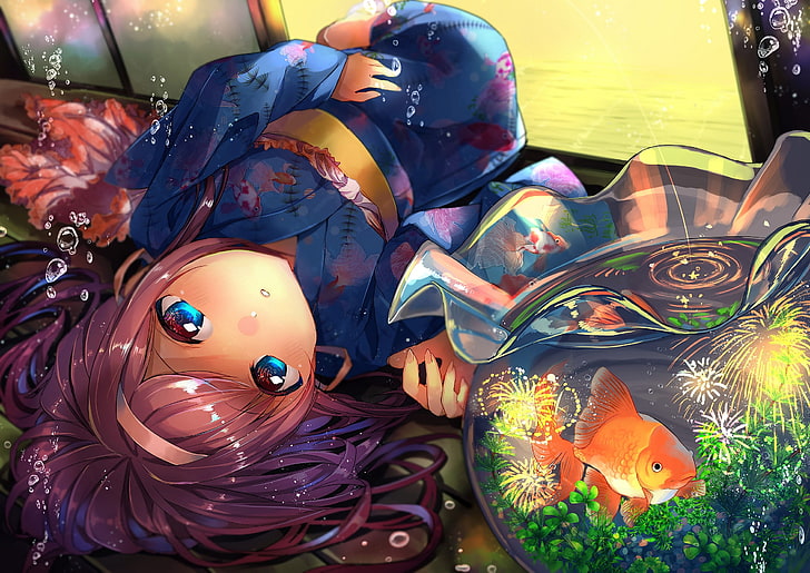 Chica anime, kimono, acostado, pez dorado, Anime, Fondo de pantalla HD |  Wallpaperbetter