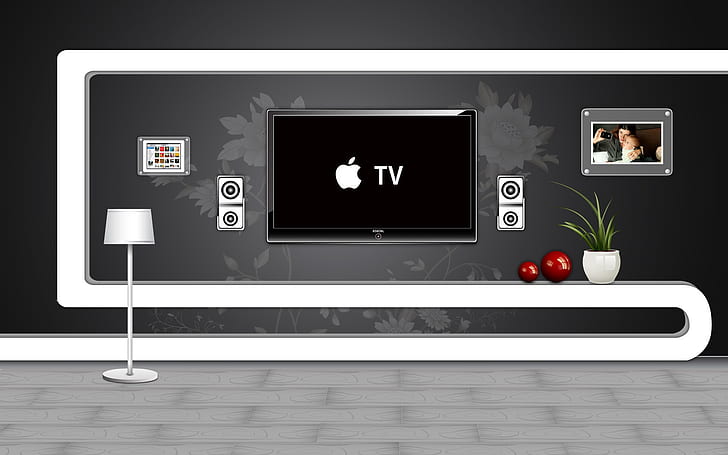 Apple TV, weißes Home-Entertainment-Regal, Raum, Wohnen, Logo, aple, HD-Hintergrundbild