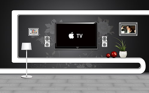 Apple TV, weißes Home-Entertainment-Regal, Raum, Wohnen, Logo, aple, HD-Hintergrundbild HD wallpaper