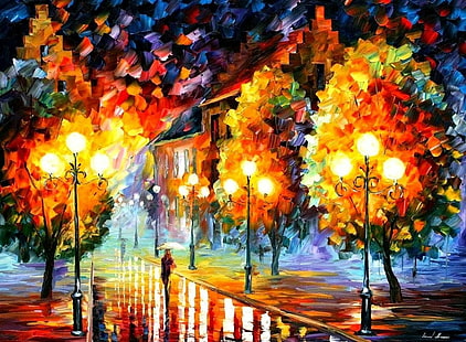 Otoño, Leonid Afremov, pintura, camino, lluvia, luz de calle, Fondo de pantalla HD HD wallpaper