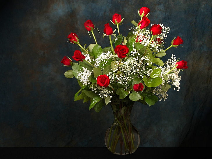 композиция из красных роз с вазой, розы, цветы, букет, гипсофила, ваза, HD обои