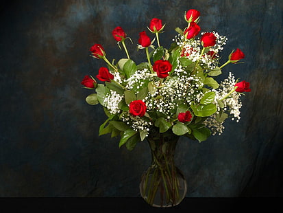 花瓶、バラ、花、花束、カスミソウ、花瓶と赤いバラのフラワーアレンジメント、 HDデスクトップの壁紙 HD wallpaper