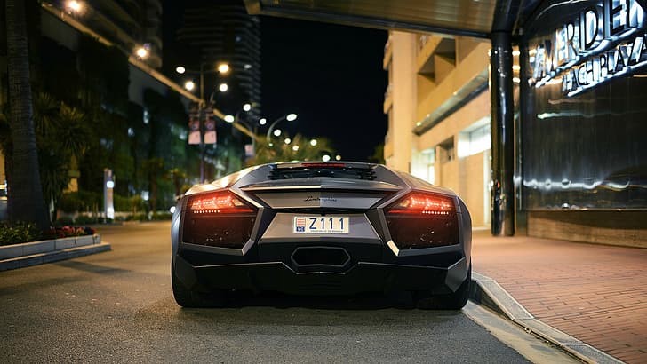 Lamborghini, Reventon, Grey, Kota malam, Tampilan belakang, SuperCar, Wallpaper HD
