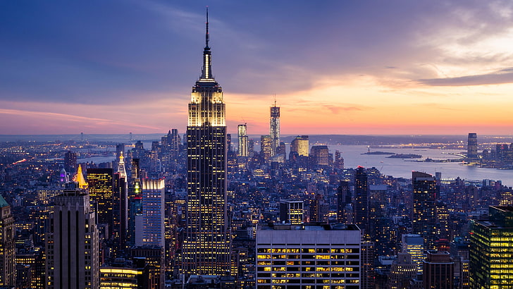 Empire State Building, Stadtbild, New York City, Wolkenkratzer, Skyline, Metropole, Wahrzeichen, Himmel, Abend, Turm, Hochhaus, Abenddämmerung, Gebäude, HD-Hintergrundbild
