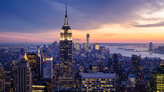 Empire State Building, Paisagem urbana, Cidade de Nova York, Arranha-céu, Linha do horizonte, metrópole, Marco, céu, noite, torre, Bloco de torre, crepúsculo, construção, HD papel de parede HD wallpaper