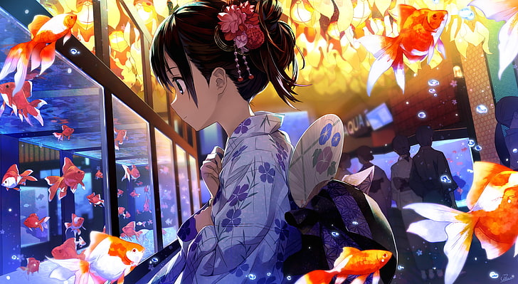 Anime Illustration, Anime, Original, Aquarium, Braunes Haar, Fisch, Mädchen, Grüne Augen, Yukata, HD-Hintergrundbild