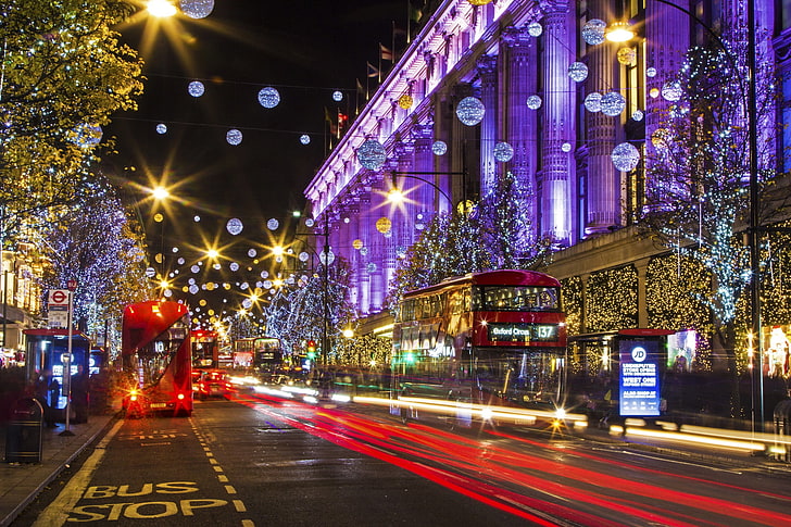 red passenger bus, lights, holiday, England, London, home, New Year, Christmas, HD wallpaper