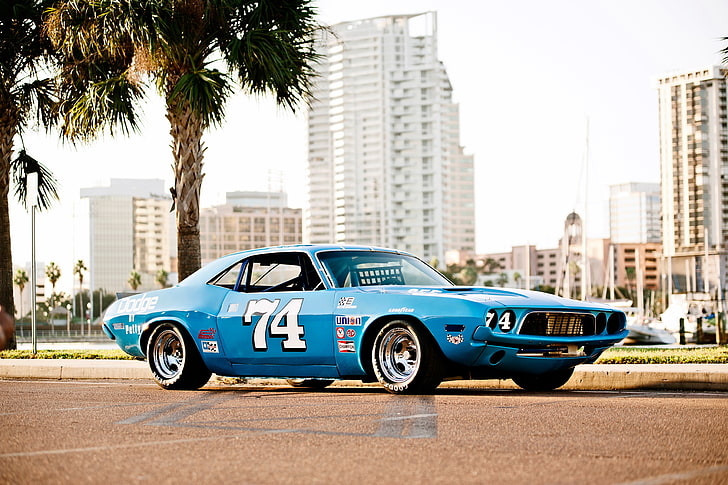 niebieski muscle car, 1973 dodge Challenger, Nascar, muscle cars, amerykańskie samochody, stary samochód, Tapety HD