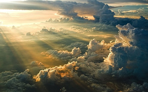 낮, 태양 광선, 하늘, 구름, 분위기, skyscape 동안 파란색과 흰색 흐린 하늘, HD 배경 화면 HD wallpaper