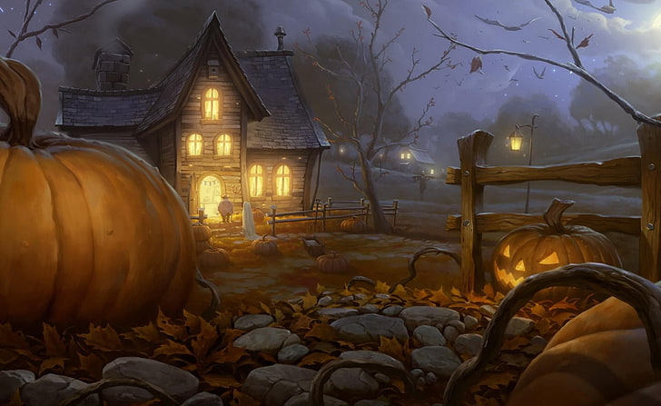 brown wooden house painting, halloween, holiday, night, home, light, pumpkin, lantern jack, HD wallpaper