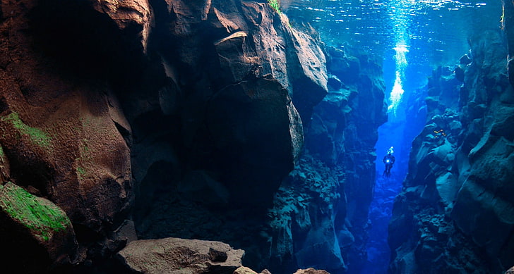 foto bawah air, alam, lanskap, selam scuba, danau, air, batu, Islandia, Wallpaper HD