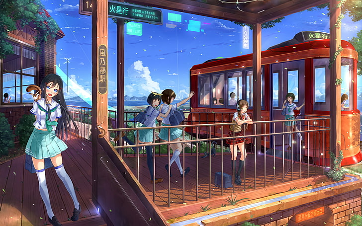anime, anime girls, train station, schoolgirl, HD wallpaper