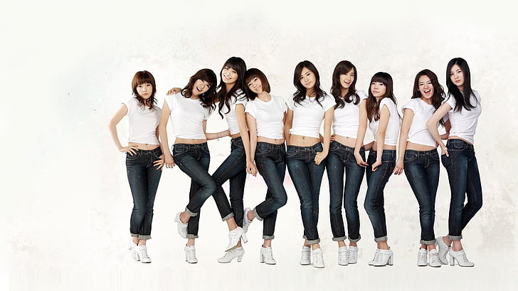 группа женщин в одинаковых белых рубашках, SNSD, Girls 'Generation, Tiffany Hwang, Kim Taeyeon, Seohyun, Jessica Jung, Kim Hyoyeon, Choi Sooyoung, Kwon Yuri, Im Yoona, солнечная, азиатская, корейская, HD обои