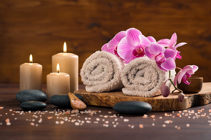 Man Made, Spa, Candle, Flower, Orchid, Pink Flower, Towel, HD wallpaper